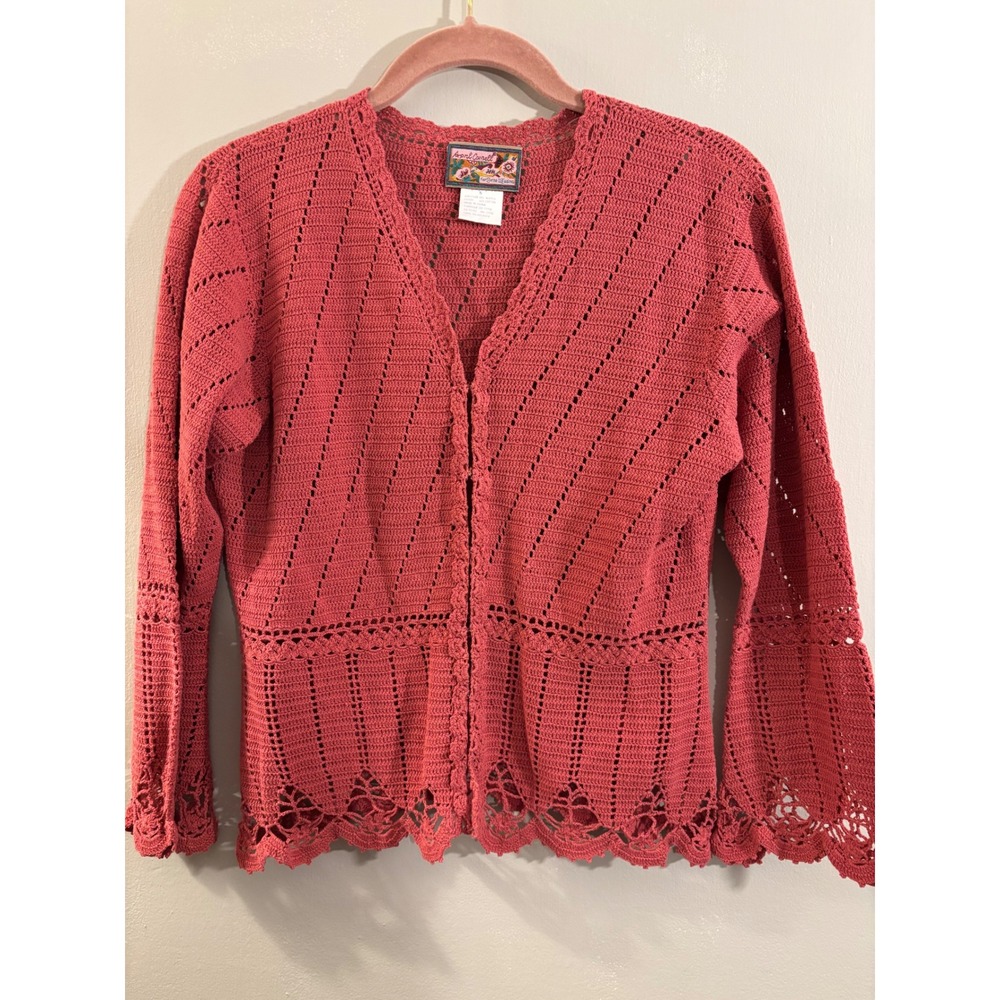 VTG April Cornell Rose Pink Crocheted Cardigan Sweater S Delicate Feminine